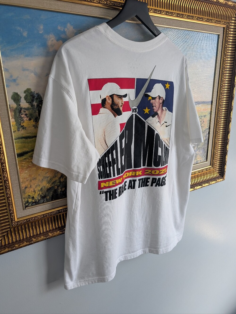 Nike White Golf Tee with Scheffler Mcilroy Graphic